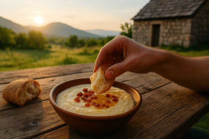 Hercegovačka pura s lučnicom u glinenoj činiji na drvenom stolu, uz hleb i pogled na kamene planine i kamenu kuću u svitanje, autentična scena iz Hercegovine.