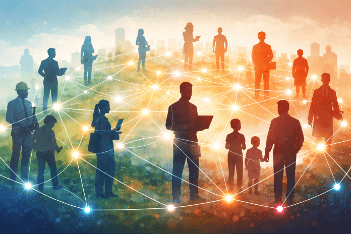 siluete ljudi različitih starosnih grupa i zanimanja, povezane linijama koje simbolizuju decentralizovanu mrežu odlučivanja i saradnje unutar zajednice.