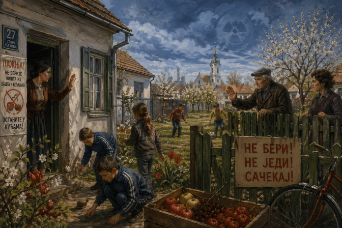 Deca u dvorištu u Staroj Pazovi tokom proleća 1986. godine, dok odrasli upozoravaju da se ne bere voće i da se ostaje u kući nakon Černobiljske katastrofe.