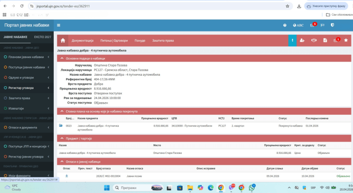 Opština Stara Pazova raspisala tender za kupovinu četiri nova službena vozila