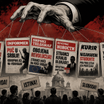 Rekordna godina tabloida: preko 1.800 manipulativnih vesti u 2025. Dramatična ilustracija u formi propagandnog kolaža