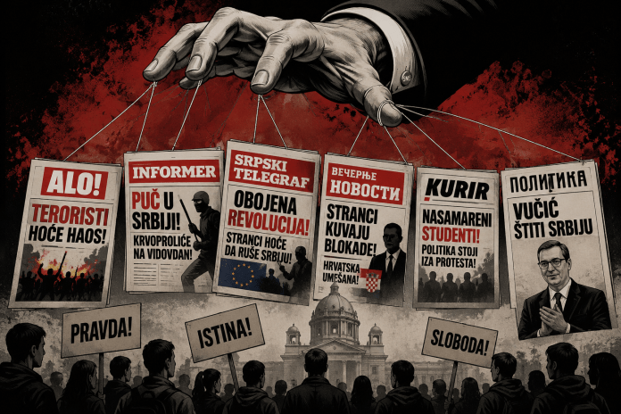 Dramatična ilustracija u formi propagandnog kolaža