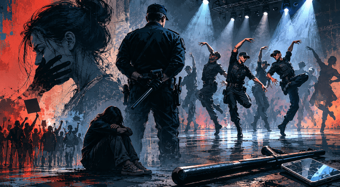 isoko kontrastna ilustracija koja prikazuje policajca u centru kadra sa pendrekom u rukama, dok ga okružuju tamne siluete kordona i scene protesta
